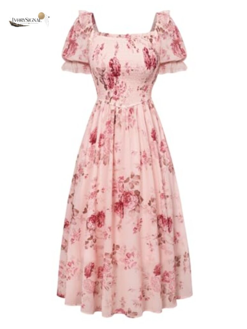 Floral Midi Dress Puff Sleeve Square Neck A-Line Chiffon Cottagecore